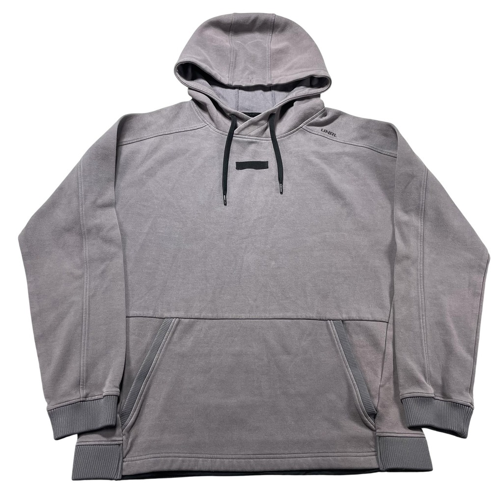 UNRL Hoodie Mens Medium Gray Fleece Pullover Sweatshirt Kangaroo Pocket Logo